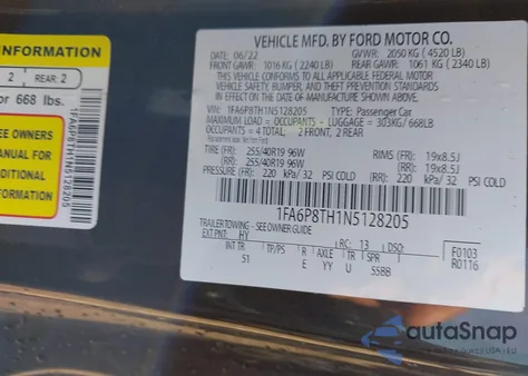 2022 Ford Mustang Ecoboost Premium Fastback z USA, uszkodzony, nr VIN 1FA6P8TH1N5128205